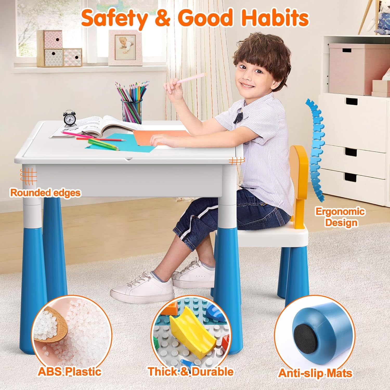 Arscniek Toddlers Activity Table 7 in 1 Kids Activity Tables and Chair Set with 152Pcs Large Marble Run Building Blocks, Sand/Water Tables, Kids Learning Play Table Toys for Girls Boys Toddler Age 3-7