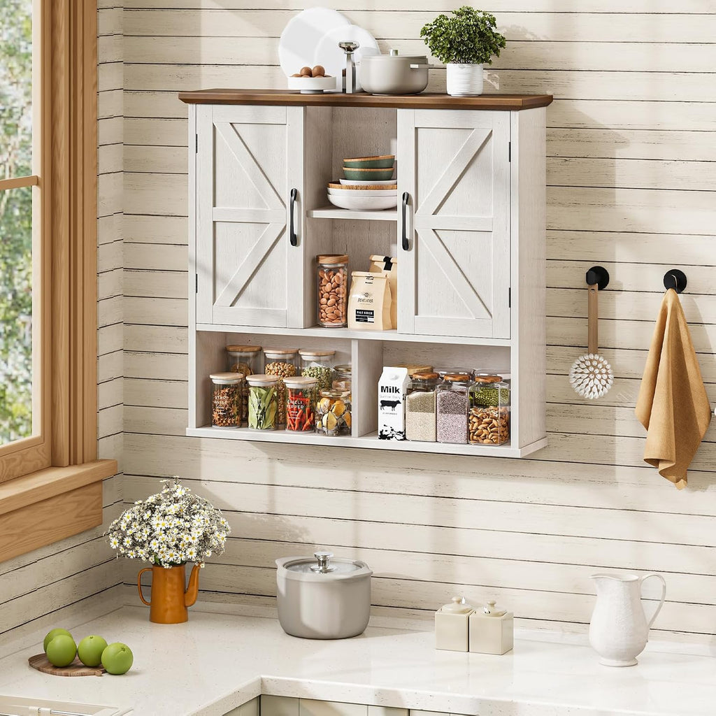 Vabches Bathroom Wall Cabinet, Farmhouse Medicine Cabinet with Double Barn Door and Adjustable Shelves, Wooden Vintage Storage Cabinet Wall Mounted for Bathroom, Kitchen Dining, Rustic White