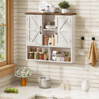 Vabches Bathroom Wall Cabinet, Farmhouse Medicine Cabinet with Double Barn Door and Adjustable Shelves, Wooden Vintage Storage Cabinet Wall Mounted for Bathroom, Kitchen Dining, Rustic White