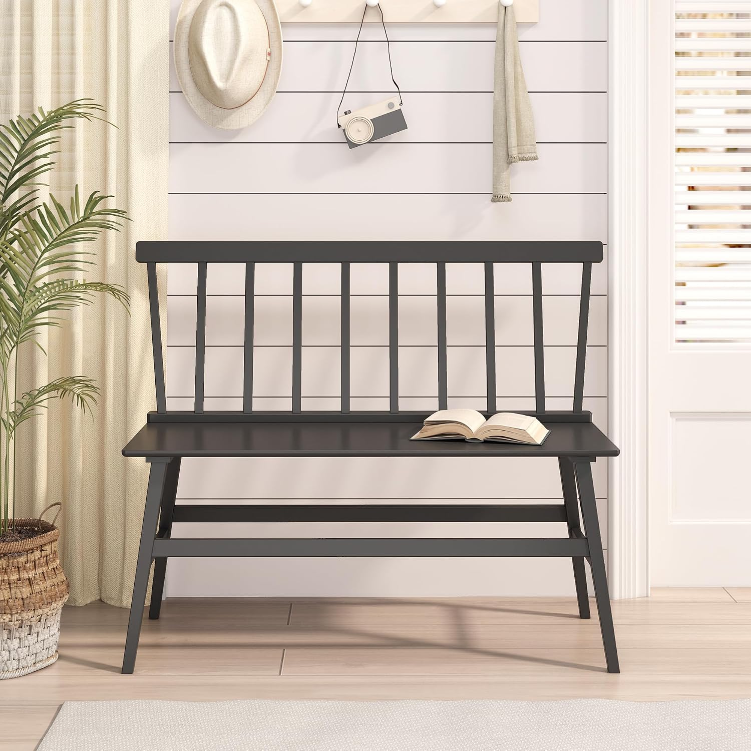 Wisuce Bamboo Dining Bench, Entryway Bench with Spindle Back (Black) | Bamboo & H-Shaped Support, Ergonomic Tilted Spindle Back, Multi-Scene Use, Easy Assembly & Maintenance