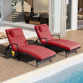 Outdoor Patio Chaise Chair Wicker Lounge Chairs for Outside Pool Chaise Lounge Set of 2 PE Rattan Recliners with Side Shelf & 6-Position Adjustable for Deck Yard Beach Poolside, Red