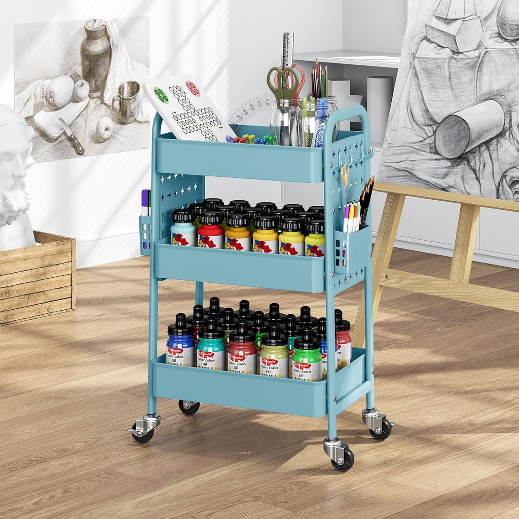 TOOLF Metal Rolling Storage Cart, 3-Tier Utility Mobile Cart with DIY Pegboards, Serving Trolley Cart with Baskets Hooks, for Kitchen, Bathroom, Office, Home, Classroom (Blue)