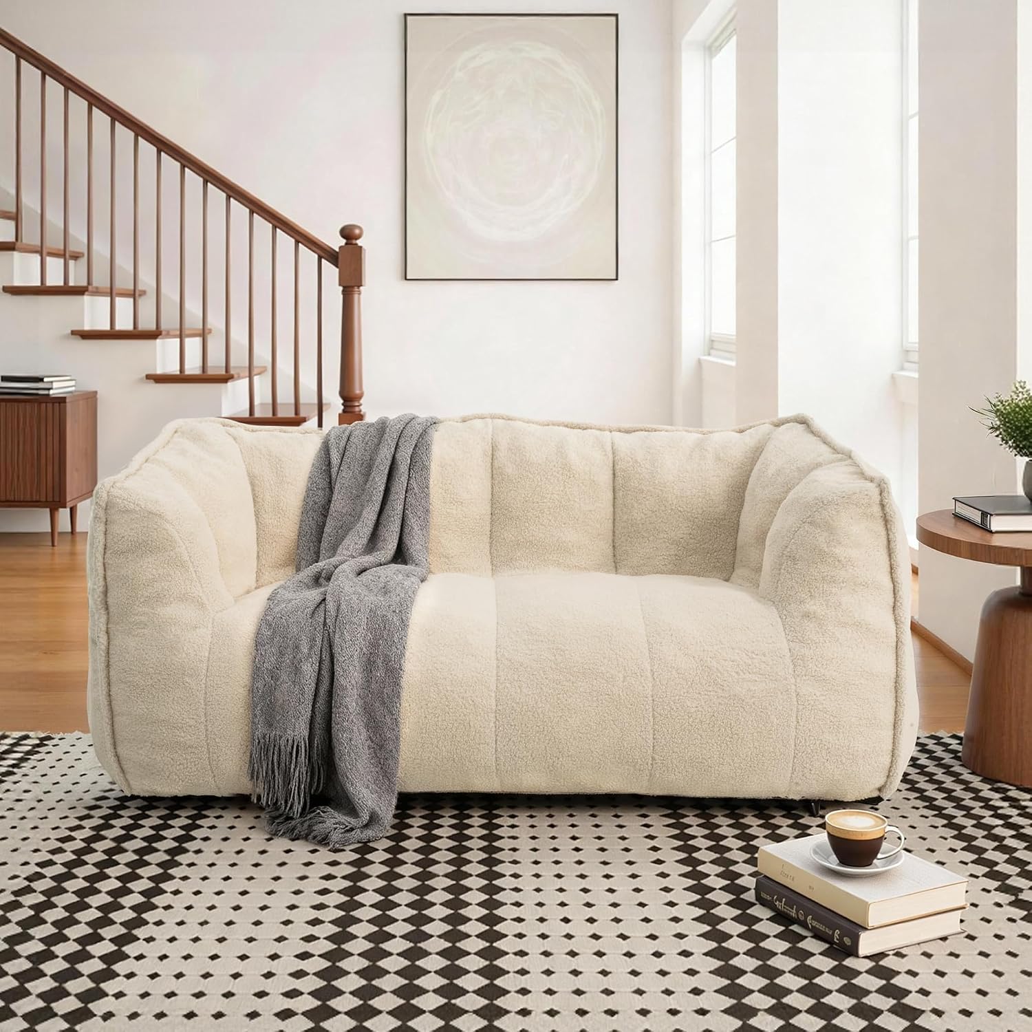 Pamapic 59" Teddy Fabric Bean Bag Chair, 2 Seat Loveseat Sofa,Teddy Fabric Sofa Bed for Adults,Fit Living Room, Bedroom,Outdoor Spaces,Fluffy Comfort Washable Cover,72h Rebound,White