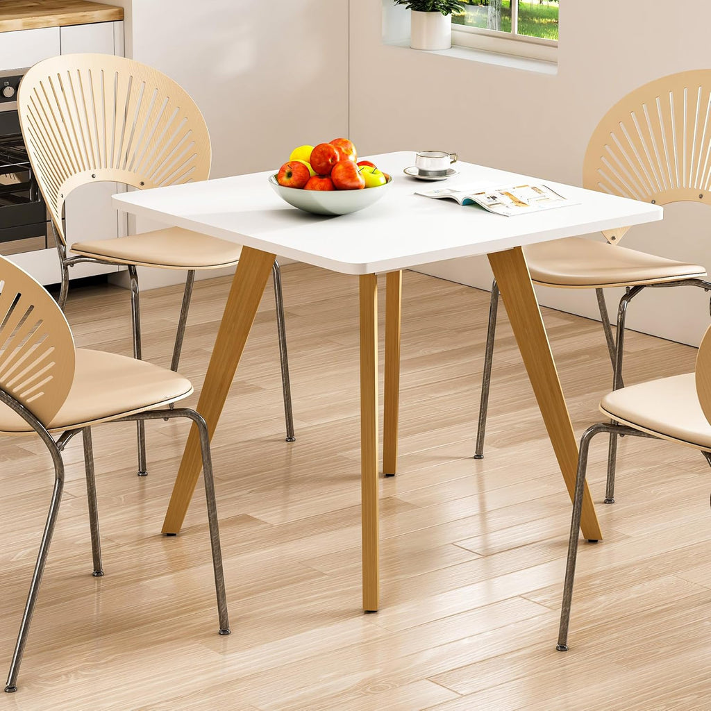 27.6" Small Dining Table for 2-4, White Square Kitchen Table with Solid Wood Legs Mid Century Modern Dining Table for Small Spaces, Dining-Room, Apartment, Farmhouse, Living Room