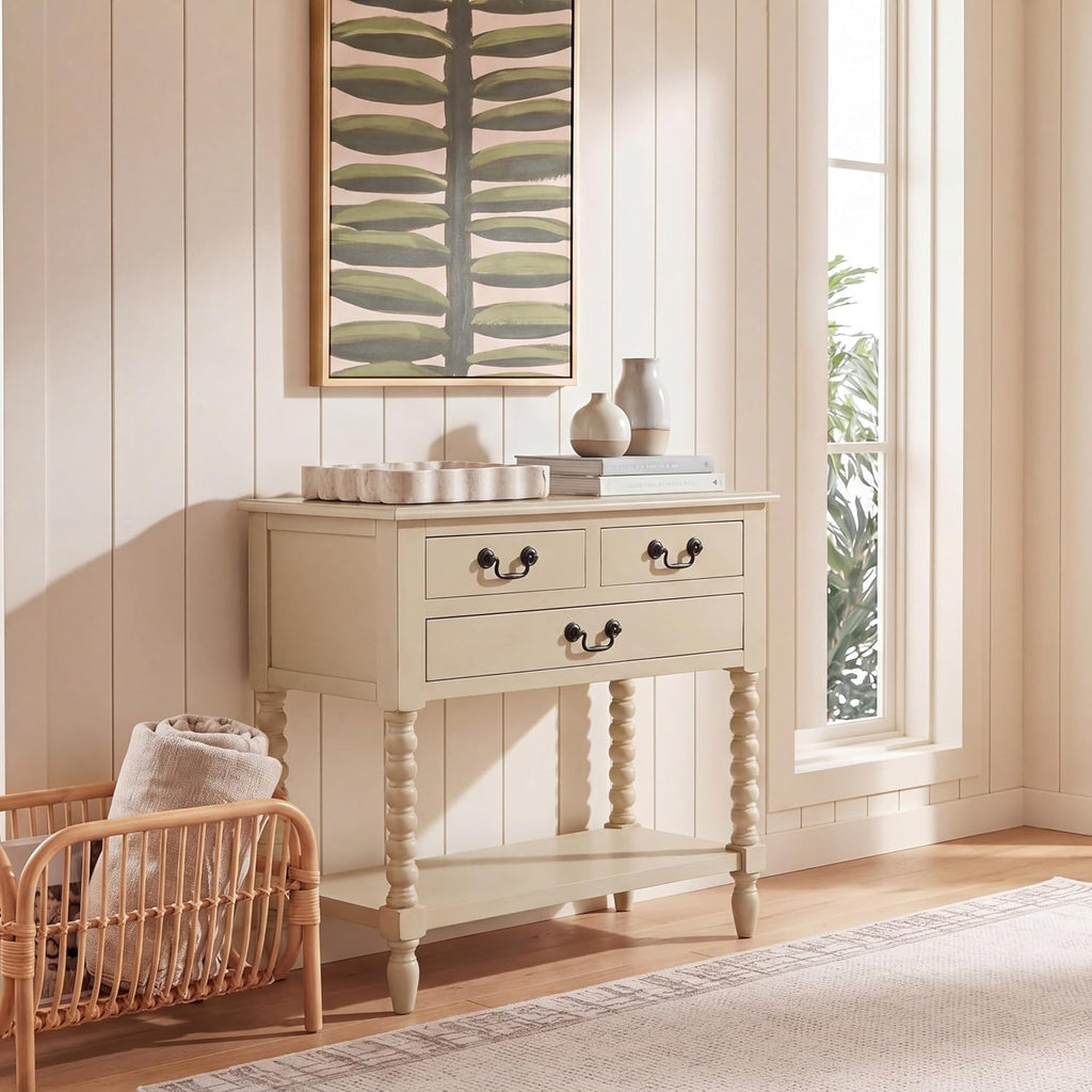 SAFAVIEH Furniture - Athena 3-Drawer Console Table - Sand - Solid Wood - Farmhouse Classic Design - Ideal for Entryway, Living Room, Hallway, 23.5" W x 13" D x 29.5" H (CNS5703E)
