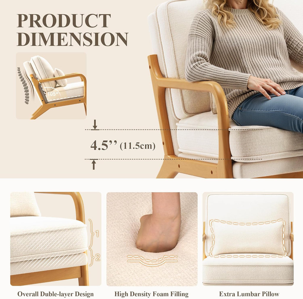 MALOL Mid-Century Accent Chair Set of 2 with Solid Wood Frame, Reading Relaxing Armchair Lumbar Pillow& Soft Cushion, Leisure Chair for Living Room, Bedroom, Waiting Room-Beige