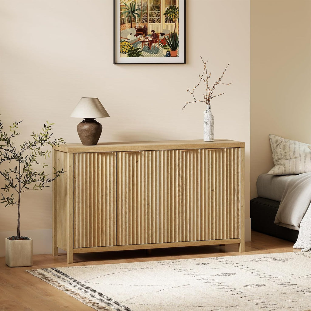 OAKHAM HOME Buffet Cabinet Fluted Sideboard 56" Accent Cabinet with Adjustable Shelves 4 Doors Modern Storage Credenza for Living Room Kitchen Hallway,Golden Oak