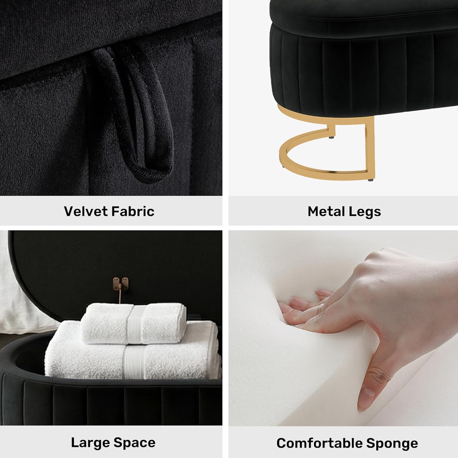 51 Inch Storage Ottoman Bench Velvet End of Bed Storage Bench King Size Upholstered Tufted Bench Large Space for Bedroom Living Room Entryway Black