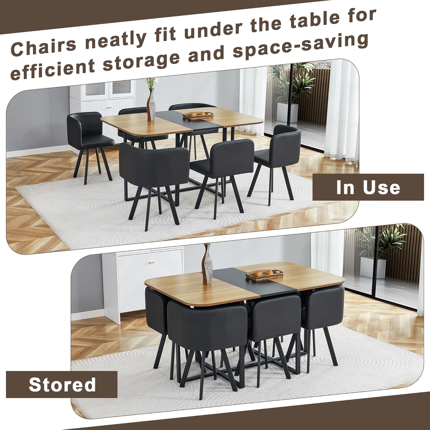 Dining Table Set for 6, 60" Faux Marble and Wood Kitchen Table with 6 PU Leather Chairs,Modern Retangular Dining Table Set for Kitchen,Living Room (Black, Wood+Black Table Set)
