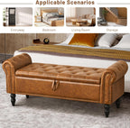 Furniliving Storage Ottoman Bench, Leather Benches End of Bed Bench with Solid Wood Legs Upholstered Ottoman Bench with Storage Indoor Bench for Living Room with Rolled Arm, Entryway, YellowBrown
