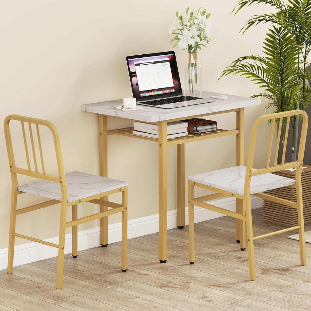 Giantex 3-Piece Dining Table Set, Rectangular Kitchen Table with Storage Rack and 2 Dining Chairs, Heavy-Duty Metal Frame, Space-Saving Dinette Set for Breakfast Nook, Apartment (White + Gold)