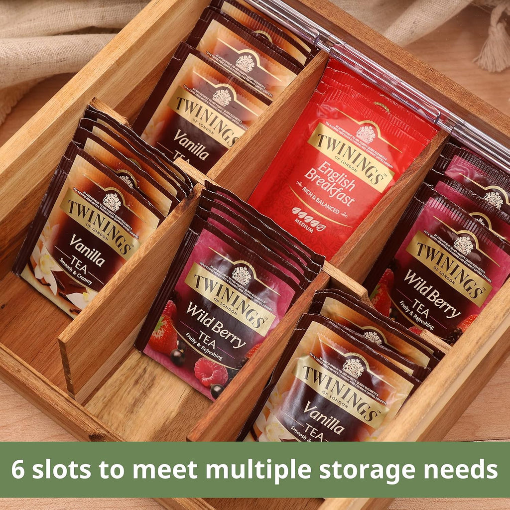 HTB Acacia Wood Tea Bag Organizer Storage Box with 6 Compartments | Tea Chest Box with Clear Acrylic Transparent Hinged Lid,Tea Bag Holder for Kitchen,Office,Bar,Coffee Station