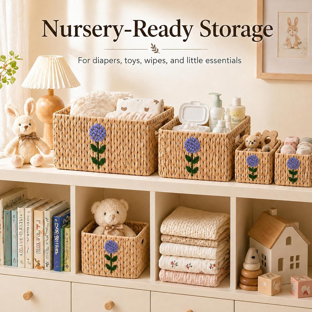 Set of 5 Storage Baskets for Organizing, Water Hyacinth Baskets for Shelves, Organizer Basket with Handles, Decorative Storage Basket for Closet, Pantry Organizers