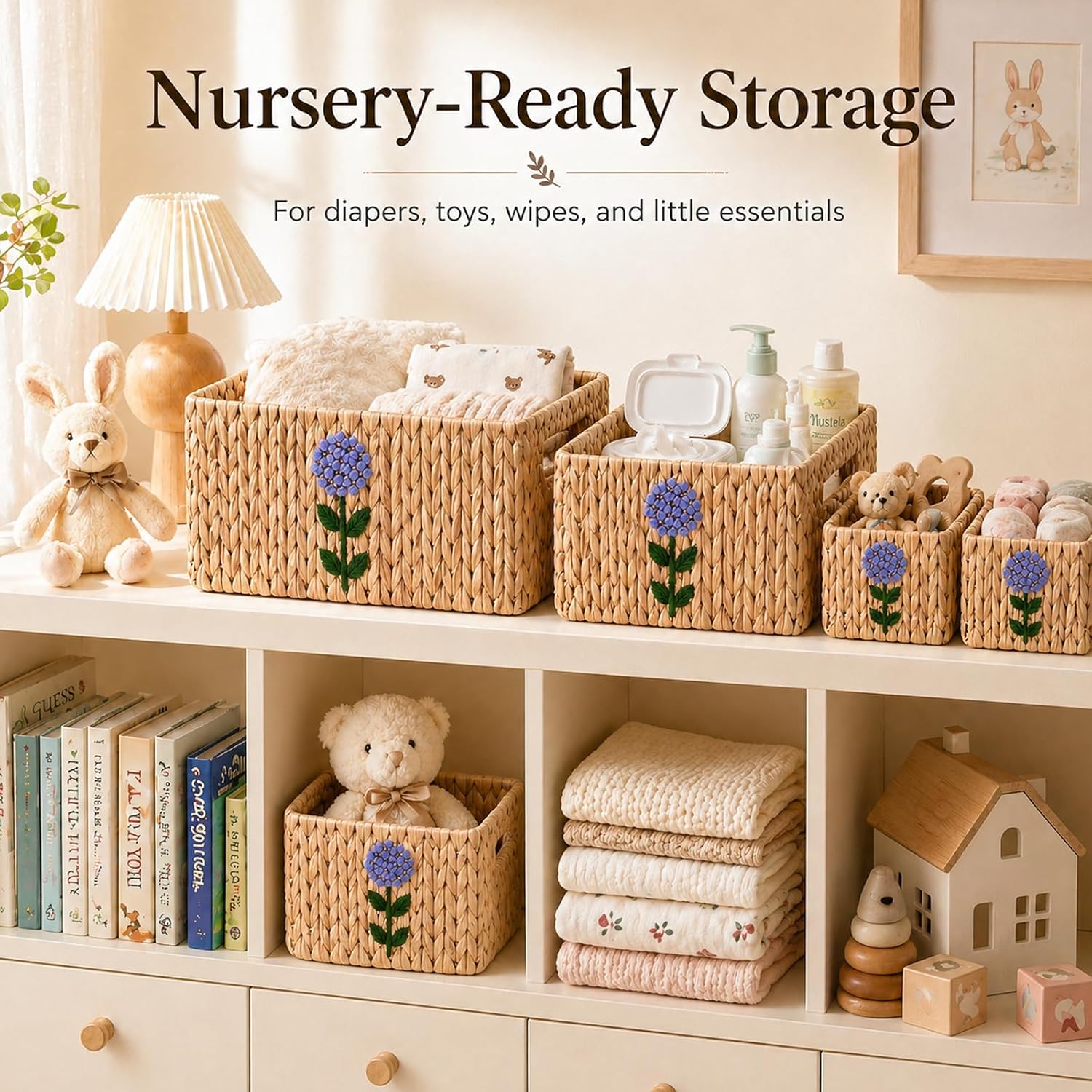 Set of 5 Storage Baskets for Organizing, Water Hyacinth Baskets for Shelves, Organizer Basket with Handles, Decorative Storage Basket for Closet, Pantry Organizers