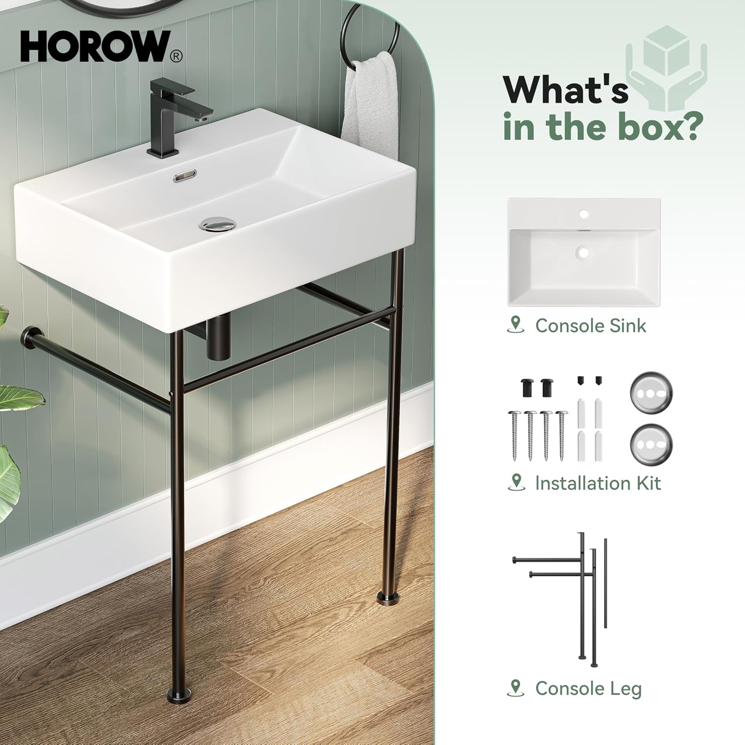 HOROW 24" x 17" Console Bathroom Sink with Stainless Steel Support Pedestal Legs, Free Standing Vanity Basin, Wall-Mount Modern Rectangular Ceramic Sink Porcelain, Matte Black