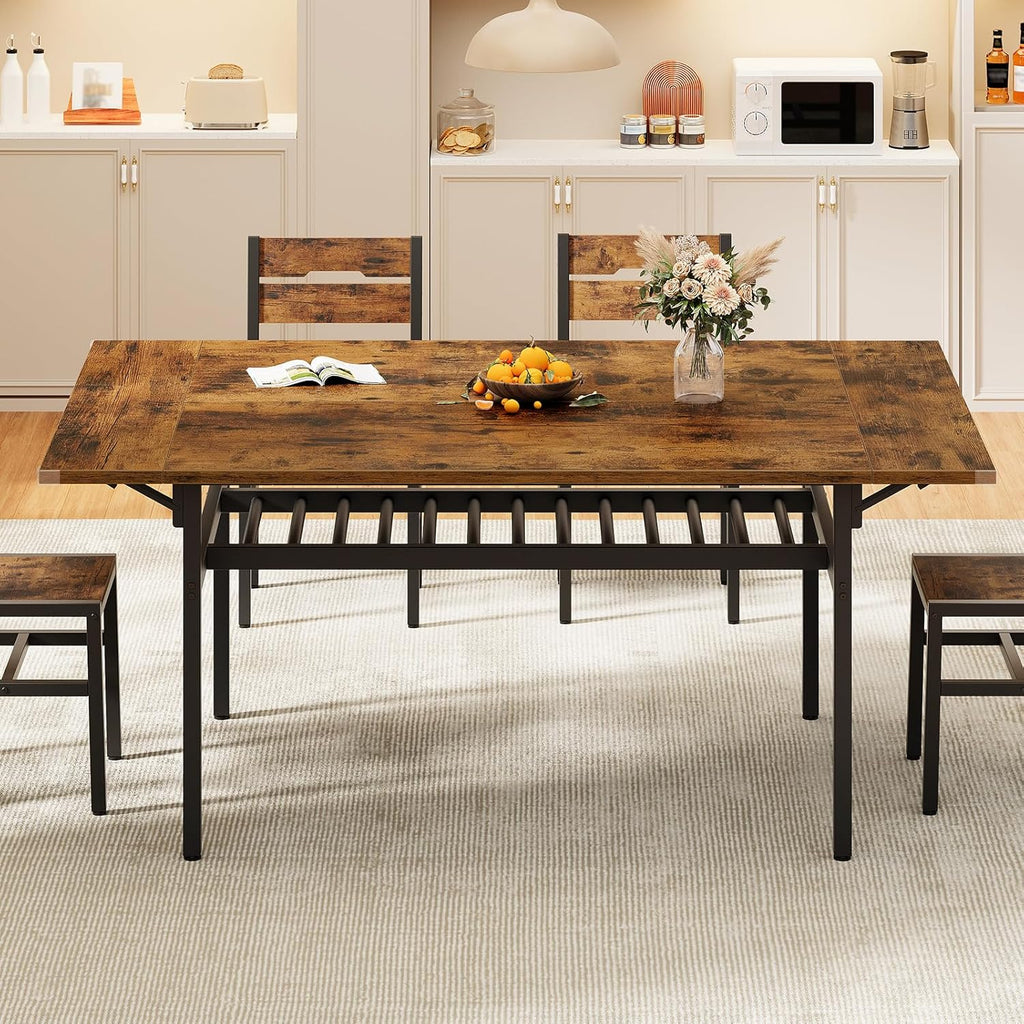 RALGEND 63" Extendable Dining Table for 4-6, Folding Kitchen Table with Drop Leaf, Farmhouse Dining Room Tables with Wine Rack, for Kitchen and Dining Room, Rustic Brown and Black