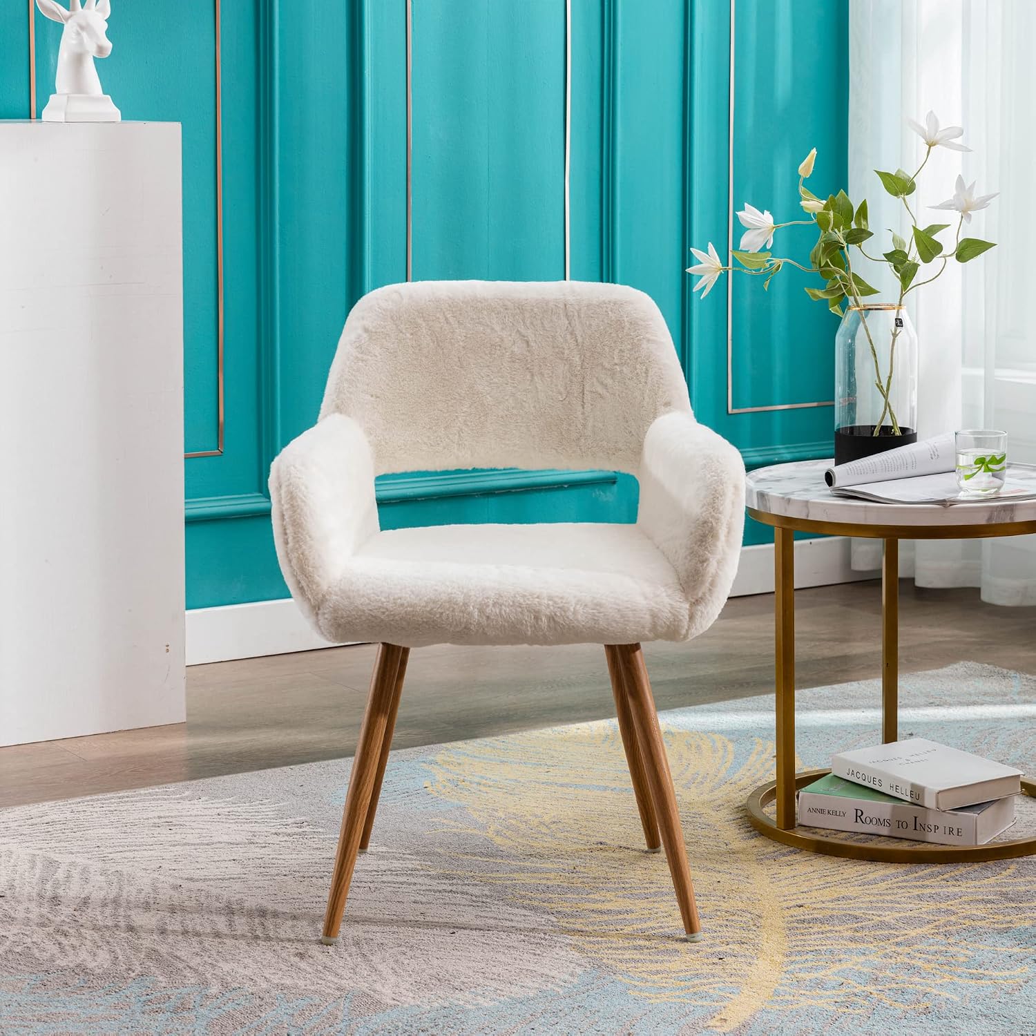 Furry Desk Chair Set of 2, Mid-Century Modern Accent Faux Fur Chair for Teen Girls, Comfy Armchair with Wood Look Metal Legs for Living Dining Room, Home Vanity Makeup Office Desk Chair No Wheel,White