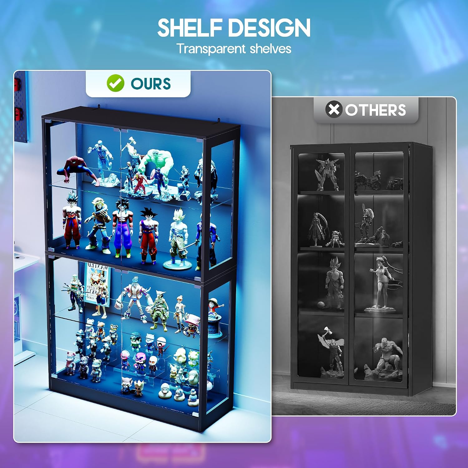 AMERLIFE 45-Inch RGB Display Cabinet with Glass Doors | 70 H x 45 W x 16 D In, 4-Tier Storage, Adjustable Glass Shelves, RGB LED Lights, Press-to-Open Doors, Black