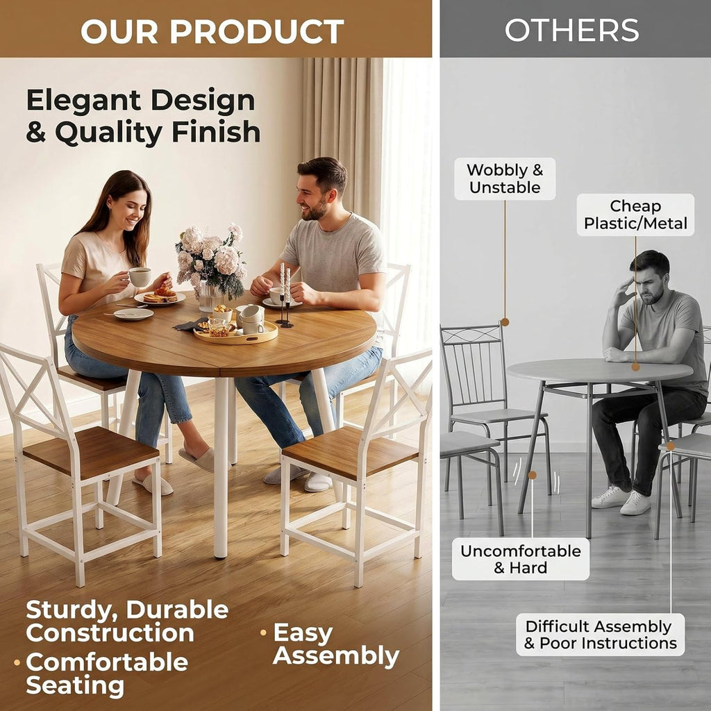 IRONCK Round Dining Table Set for 4, Extendable Kitchen Table with 4 Chairs, 44.5" Drop Leaf Desk, Folding for Small Space, Apartment, Natural Wood