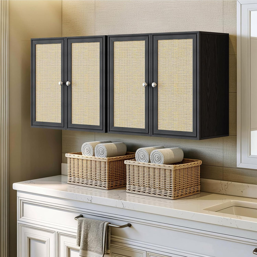 Laundry Room Cabinets with Lights, 24INCH Bathroom Cabinets Wall Mounted with Adjustable Shelves, Rattan Wall Cabinet for Bedroom, Kitchen, Bathroom (2PCS, Black)