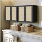 Laundry Room Cabinets with Lights, 24INCH Bathroom Cabinets Wall Mounted with Adjustable Shelves, Rattan Wall Cabinet for Bedroom, Kitchen, Bathroom (2PCS, Black)