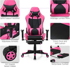 Giantex Massage Gaming Chair Pink, Ergonomic Video Game Chair with Footrest, High Back E-Sport Computer Chair with Headrest & Massager Lumbar Support, PU Leather Gaming Seat