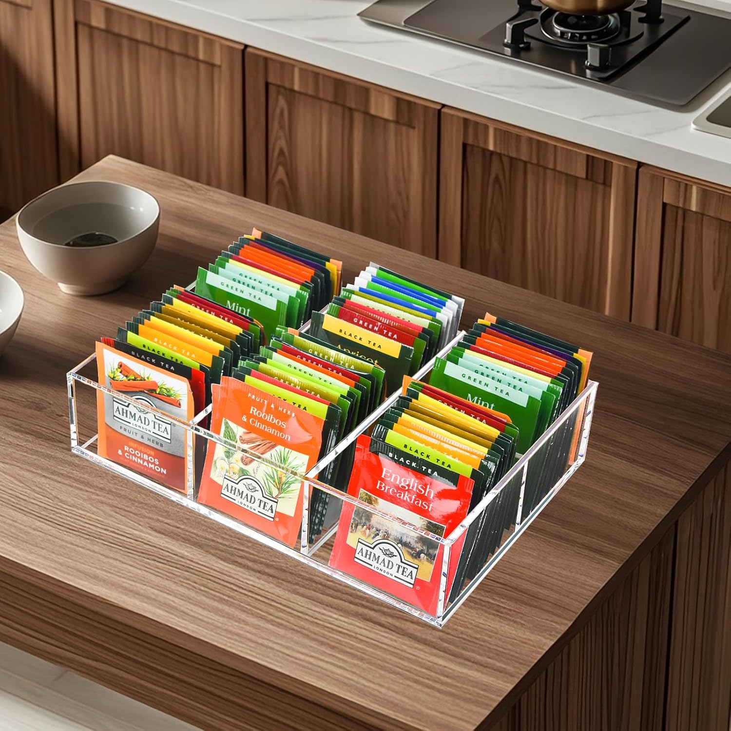 Tasybox Acrylic Tea Bag Organizer, Clear Tea Bag Holder, Drawer Organizer | Tea Bag Holder with Removable Dividers, 6 Slot Tea Organizers and Storage for Countertop, Drawer, Pantry, Kitchen, Cabinet