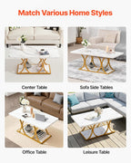 VEVOR Coffee Table, Modern Faux Marble Coffee Table, Large 2-Tier Rectangle Center Desk with Geometric Legs, Minimalist Sturdy Metal Frame Accent End Desk for Living Room, Office, Easy Assembly, White
