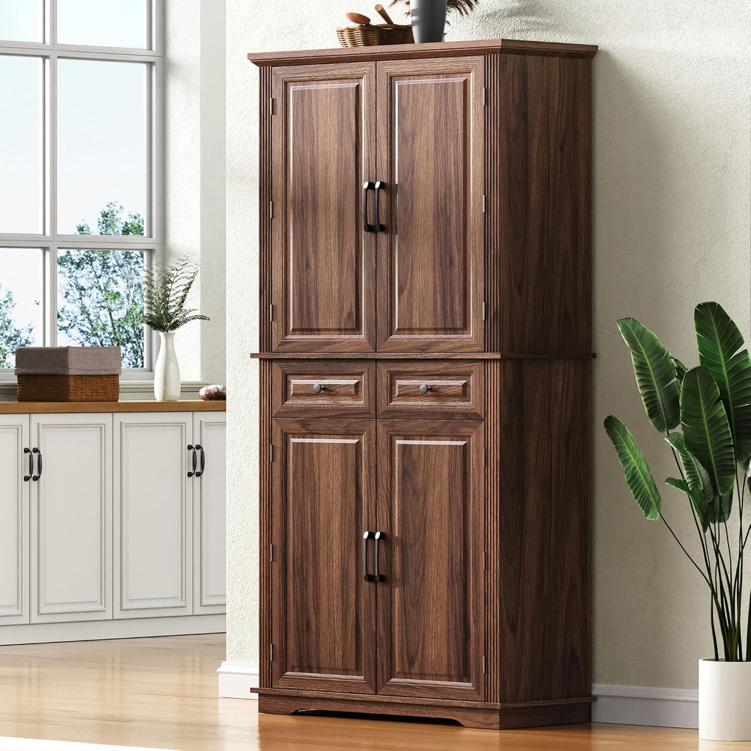 Merax 71" Tall Kitchen Pantry, Farmhouse Storage Cabinet with 6 Door Shelves, 2 Drawers and 3 Adjustable Shelves, Freestanding Rustic Wood Cupboard for Kitchen, Dining Room, Brown