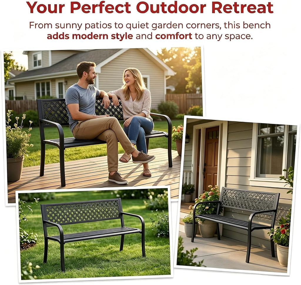 Heavy Duty Black Metal Patio Garden Bench for 2 – Durable Steel, Weather Resistant – Geometric Backrest – Ideal for Garden, Lawn, Yard Seating – Black
