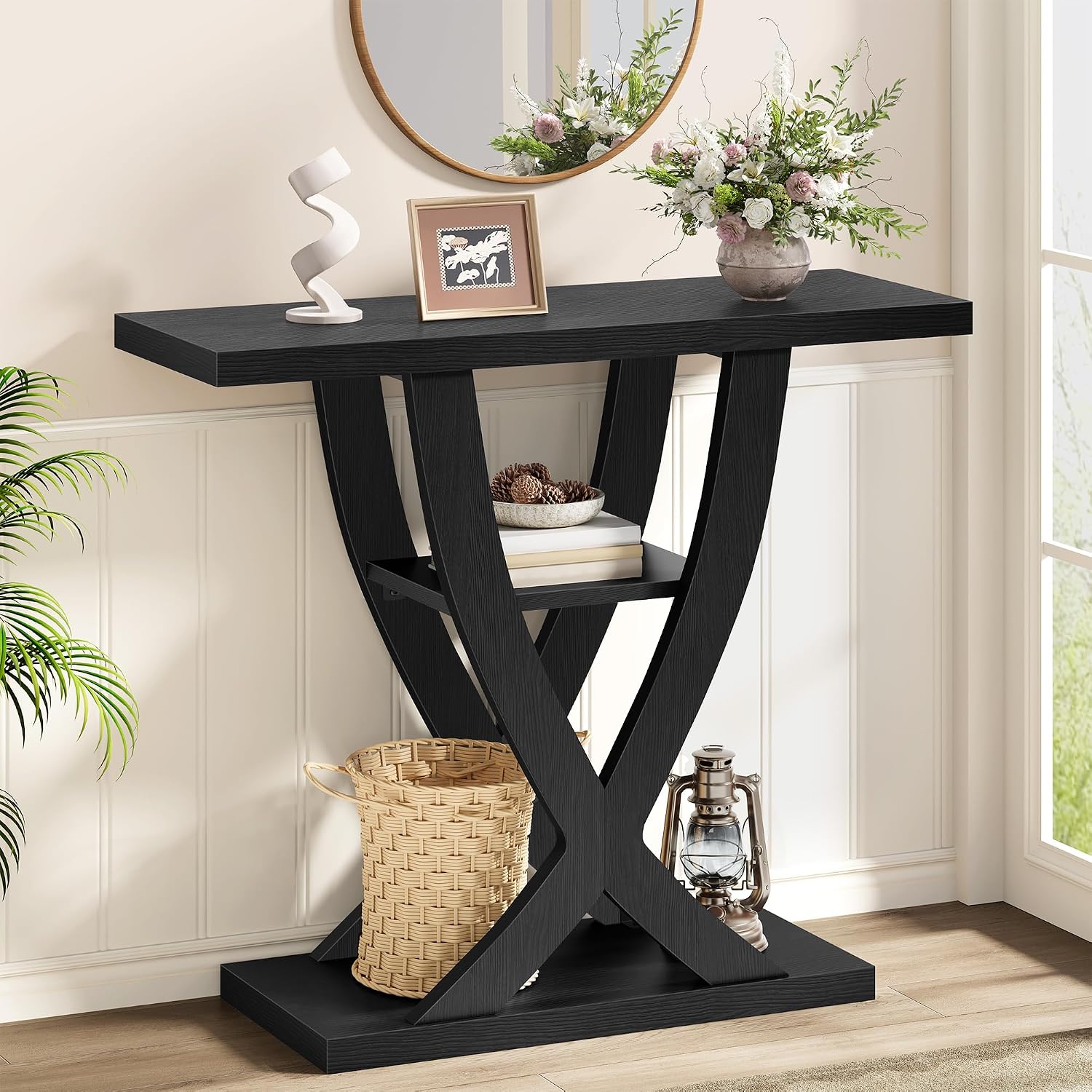 FAVOOSTY Entryway Table, 3 Tier Hallway Table, Console Tables for Living Room, Narrow Entrance Table with Storage, Sofa Table Behind Counch, Accent Table for Entry Foyer, Black