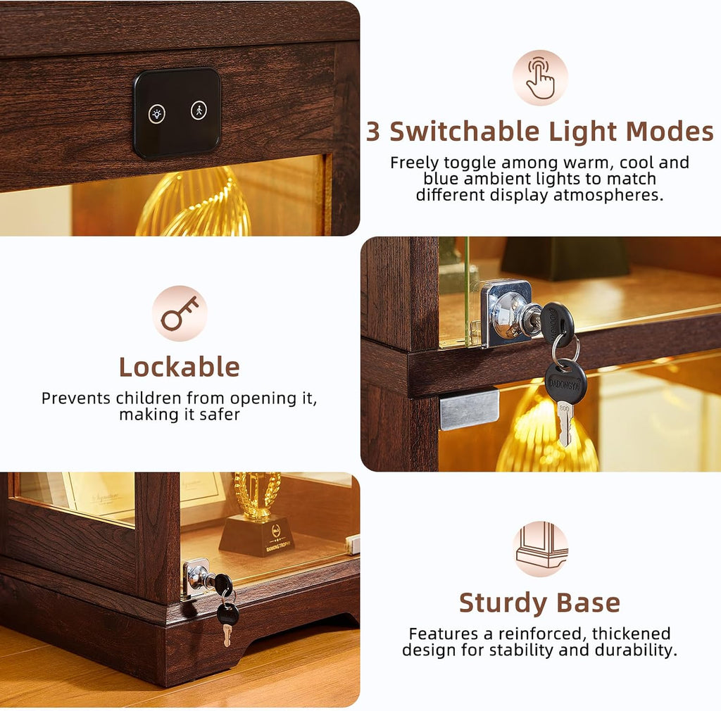 LELELINKY Farmhouse Narrow Glass Display Cabinet with Doors | Wooden Curio Cabinets with 3 Color Motion-Sensor Light & Lock, Walnut