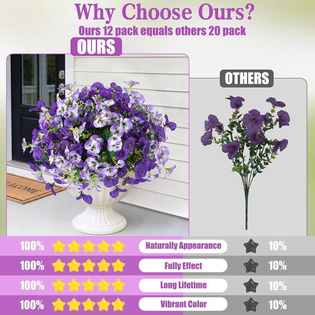 Artificial Pansy Flowers for Outdoors 12 Bundles Realistic Faux Plants UV Resistant Fake Silk Pansy with Eucalyptus for Box Planter Patio Porch Outside Spring Summer Decoration(Gradient Purple)