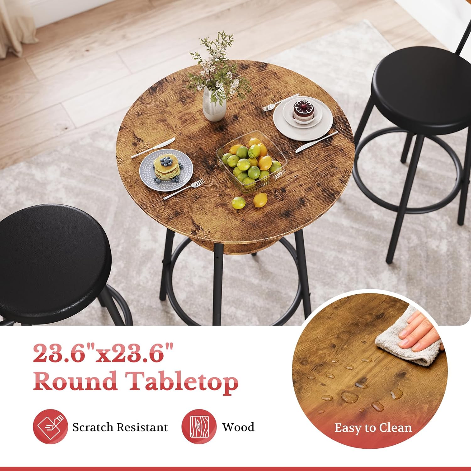Kiivakii 3 Pieces Round Bar Table and Chairs Set, Breakfast Table, Kitchen Bar Table Set with 2 Ergonomic Cushion Bar Stools & Backrest, Hidden Storage Rack for Dining Room, Pub & Small Space, Brown