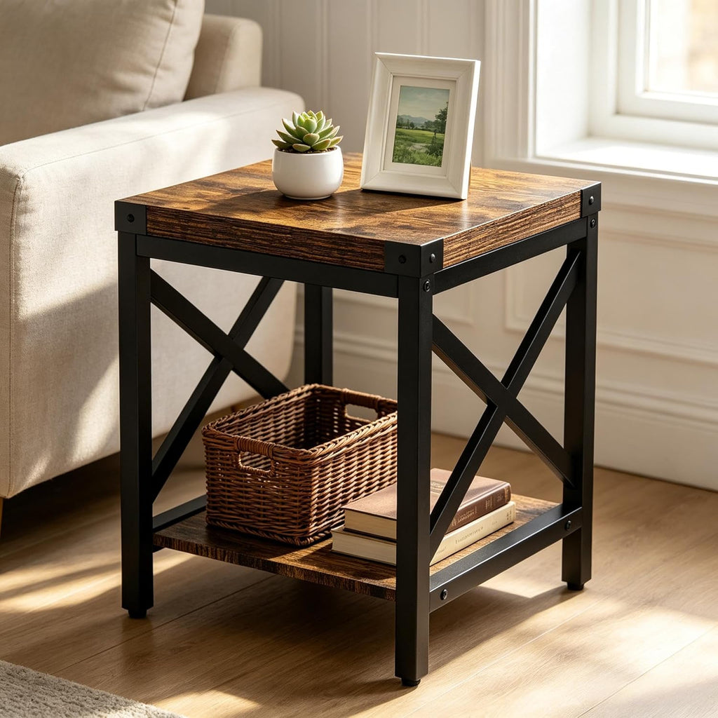 Industrial End Table for Living Room, 18" Large Square Side Table with 2-Tier Storage Shelf, X-Design Metal Frame, Rustic Brown Modern Farmhouse Nightstand Bedside Table for Bedroom Office