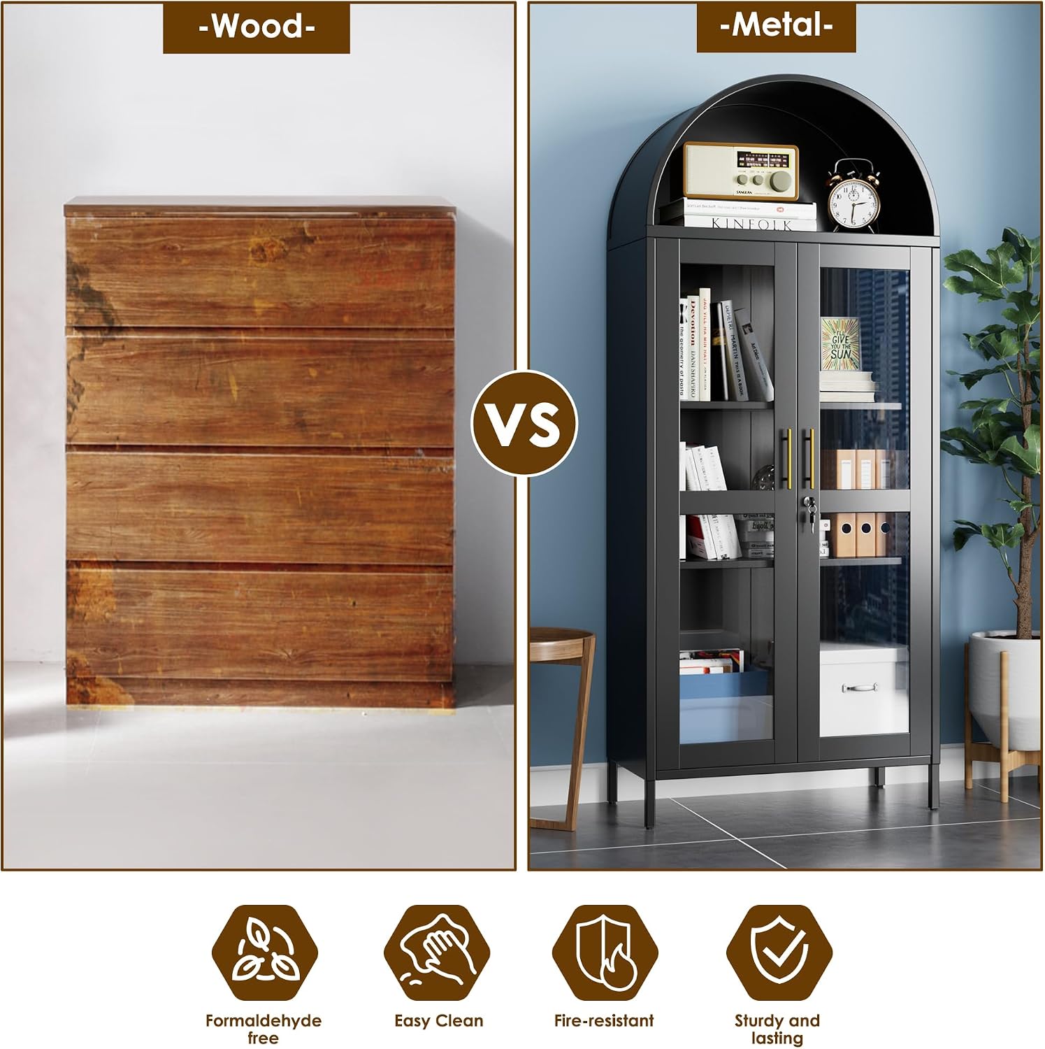 72.8" Tall Display Cabinet with Glass Doors, Metal Arched Cabinet with 2 Adjustable Shelves & Lock, Freestanding Curio Storage Cabinet for Home, Assembly Required, Black