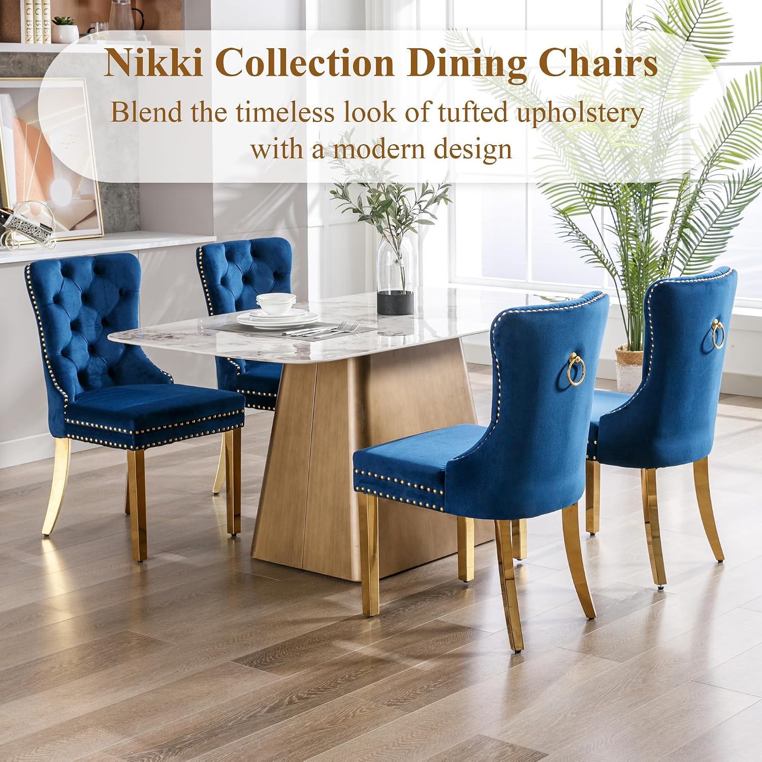 civama Dining Room Chairs Set of 6, Velvet Nikki Collection Dining Chair Upholstered Modern Tufted Kitchen Chair with Nailhead Back Pull Ring Golden Steel Legs, Blue