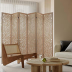6 Panel Leaf-Carved Room Divider, 67 Inch Bohemian Folding Privacy Screen, Natural Wood Room Divider for Room Separation, Decorative Room Partition for Home, Office, Bedroom