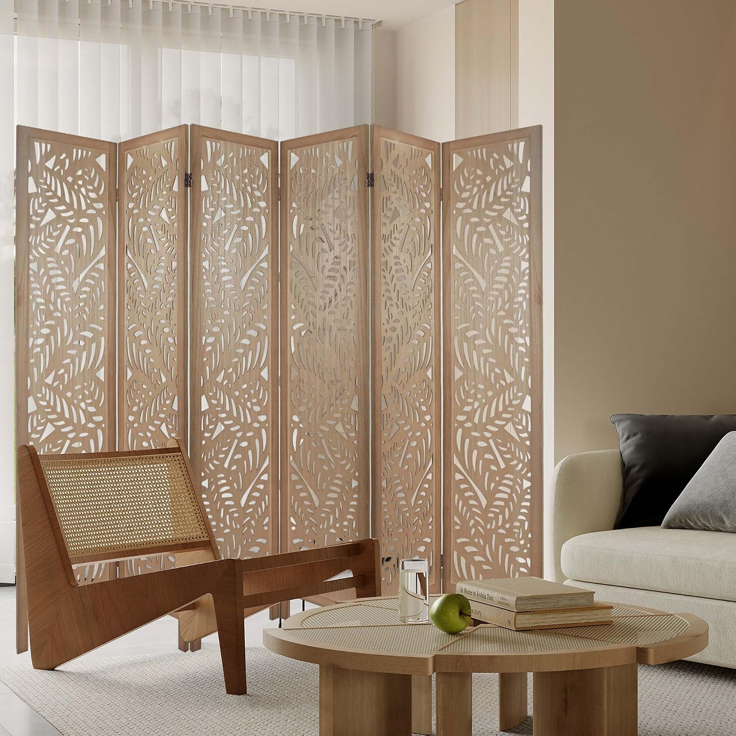 6 Panel Leaf-Carved Room Divider, 67 Inch Bohemian Folding Privacy Screen, Natural Wood Room Divider for Room Separation, Decorative Room Partition for Home, Office, Bedroom
