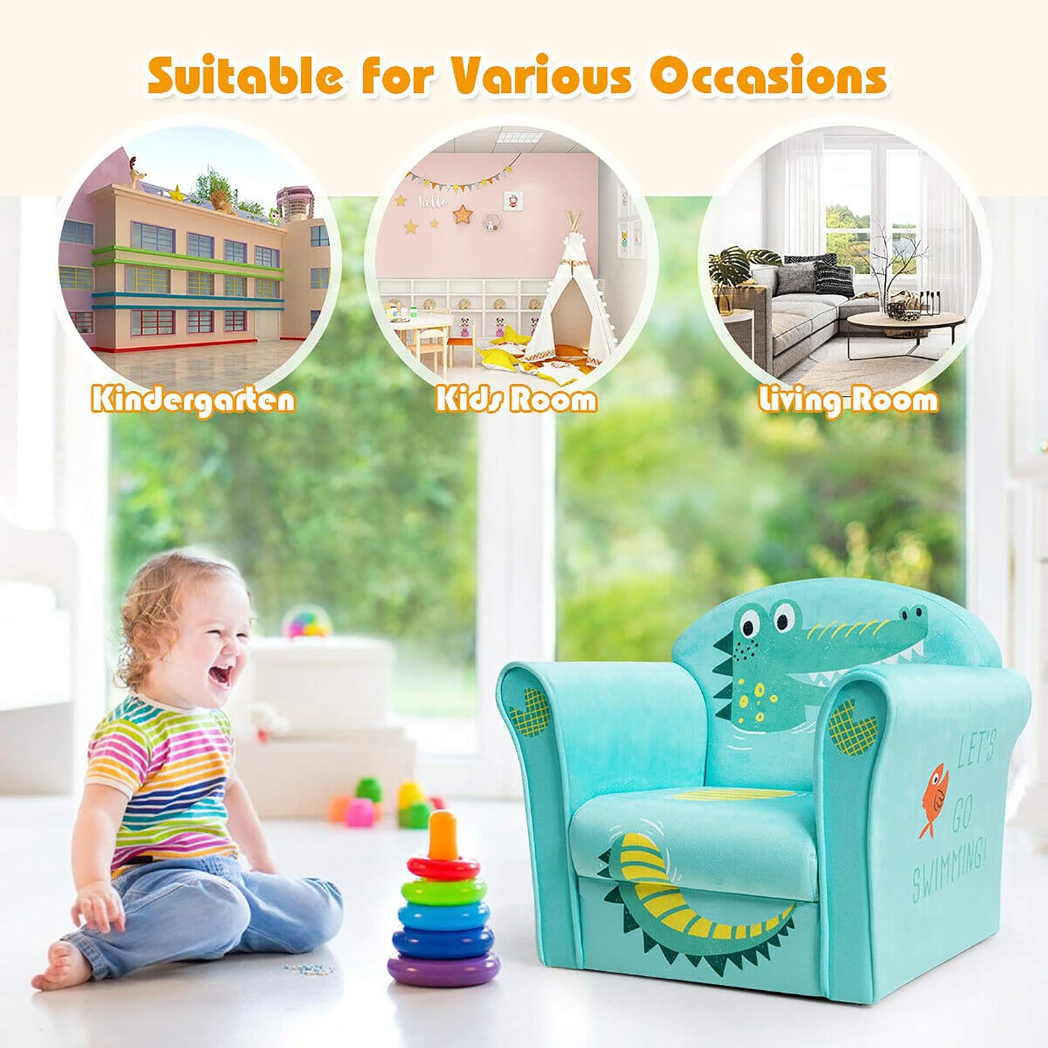 DORTALA Kids Sofa, Crocodile Pattern Kids Armchair w/Wooden Frame & Non-Slip Feet Nails, Sturdy Lightweight Toddler Furniture for Boys & Girls, Armrest Couch for Baby Room, Living Room, Preschool