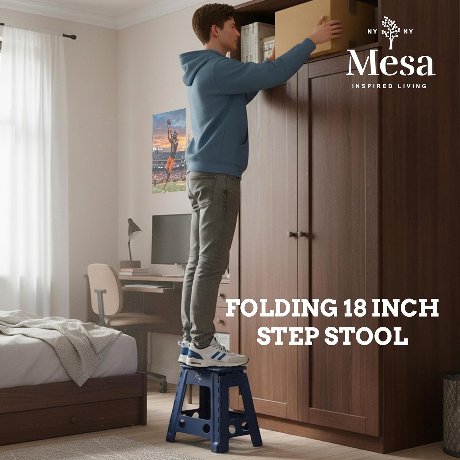 Inspired Living 18" Step Stool, Folding Step Stools for Adults, Plastic Foldable Step Stools Kids, Holds Up to 330 lbs, Collapsible Folding Stool for Kitchen, Bathroom, Bedroom (Navy, 18" High)