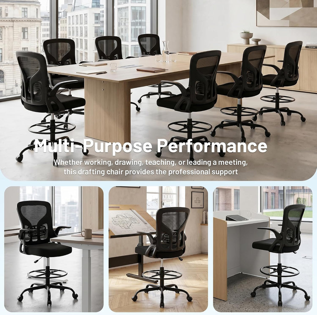 Drafting Chair for Standing Desk, Tall Office Chair with 22"-30" Seat Height &7" Lift Footrest Ring, Ergonomic Executive Mesh Computer Counter Stool with Lumbar Support &Flip-up Arms for Artist