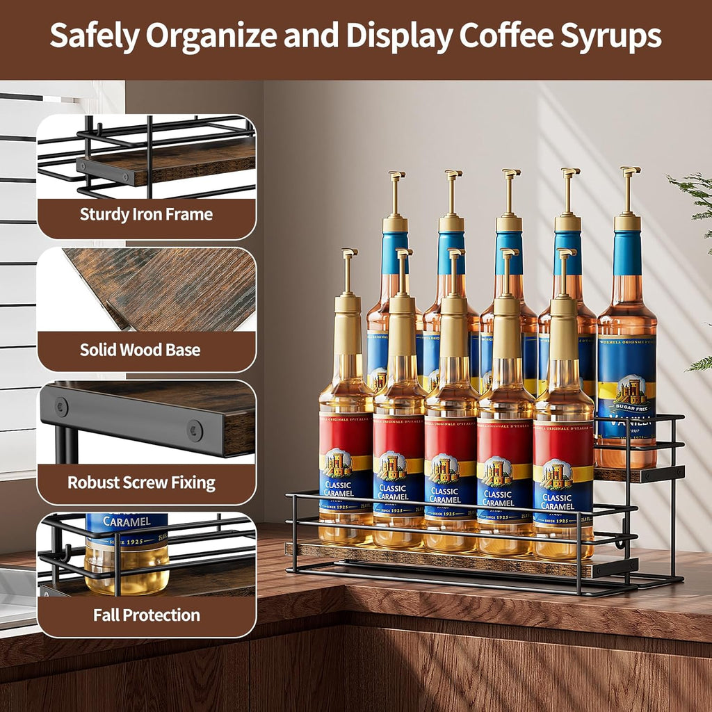 Nuovoware Coffee Syrup Organizer, 2-Tier 10 Bottles Bar Organizer, Separable Metal Rack with Wooden Base Whiskey Wine Dressing for Countertop Kitchen Coffee Bar, Black