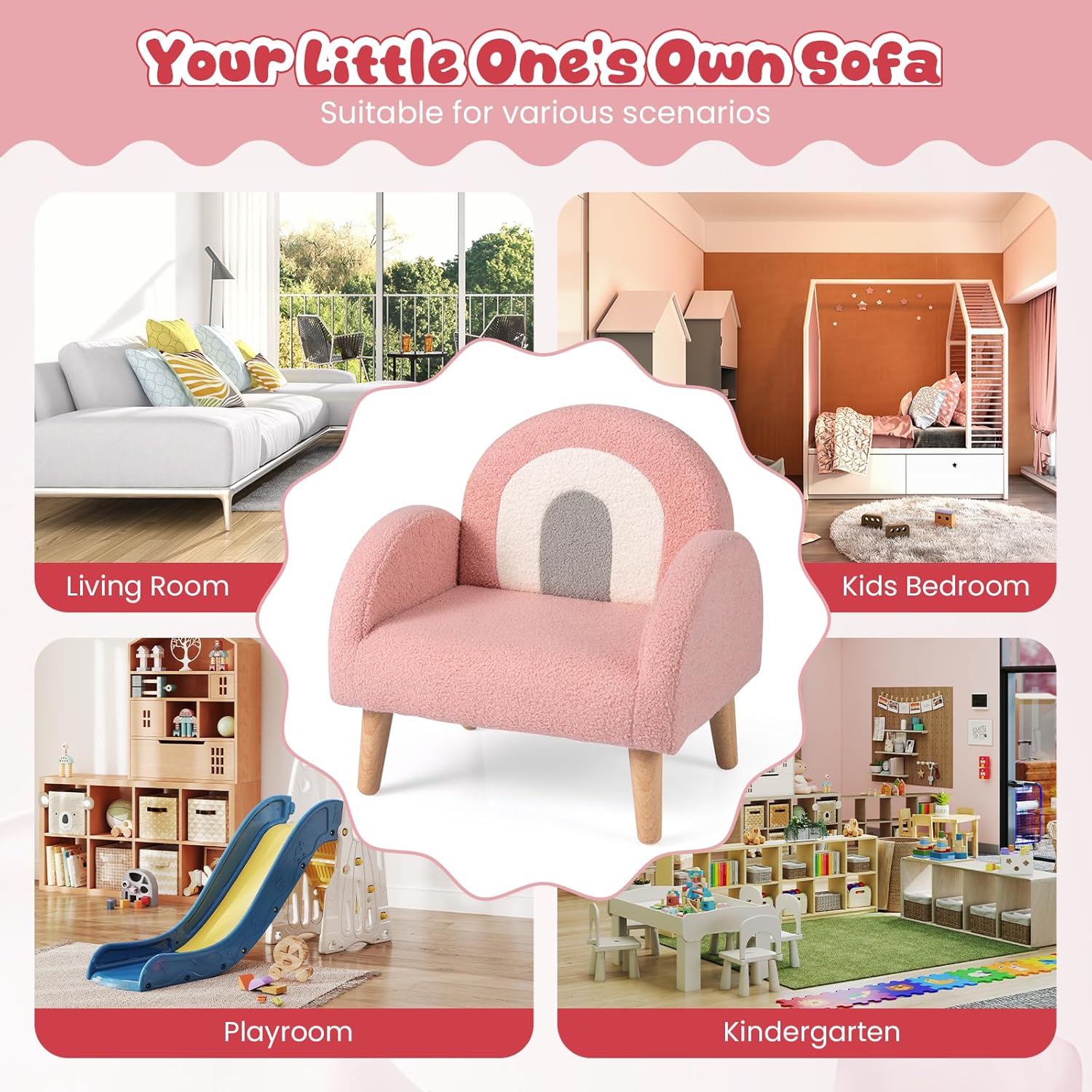 Costzon Kids Sofa, Children Pink Armchair with Solid Wood Frames, Plush Fabric, Anti-Tip Design, Floor Reading Sofa Chair for Playroom, Kids Room, Nursery, Toddler Couch Chair Comfy for Boys Girls