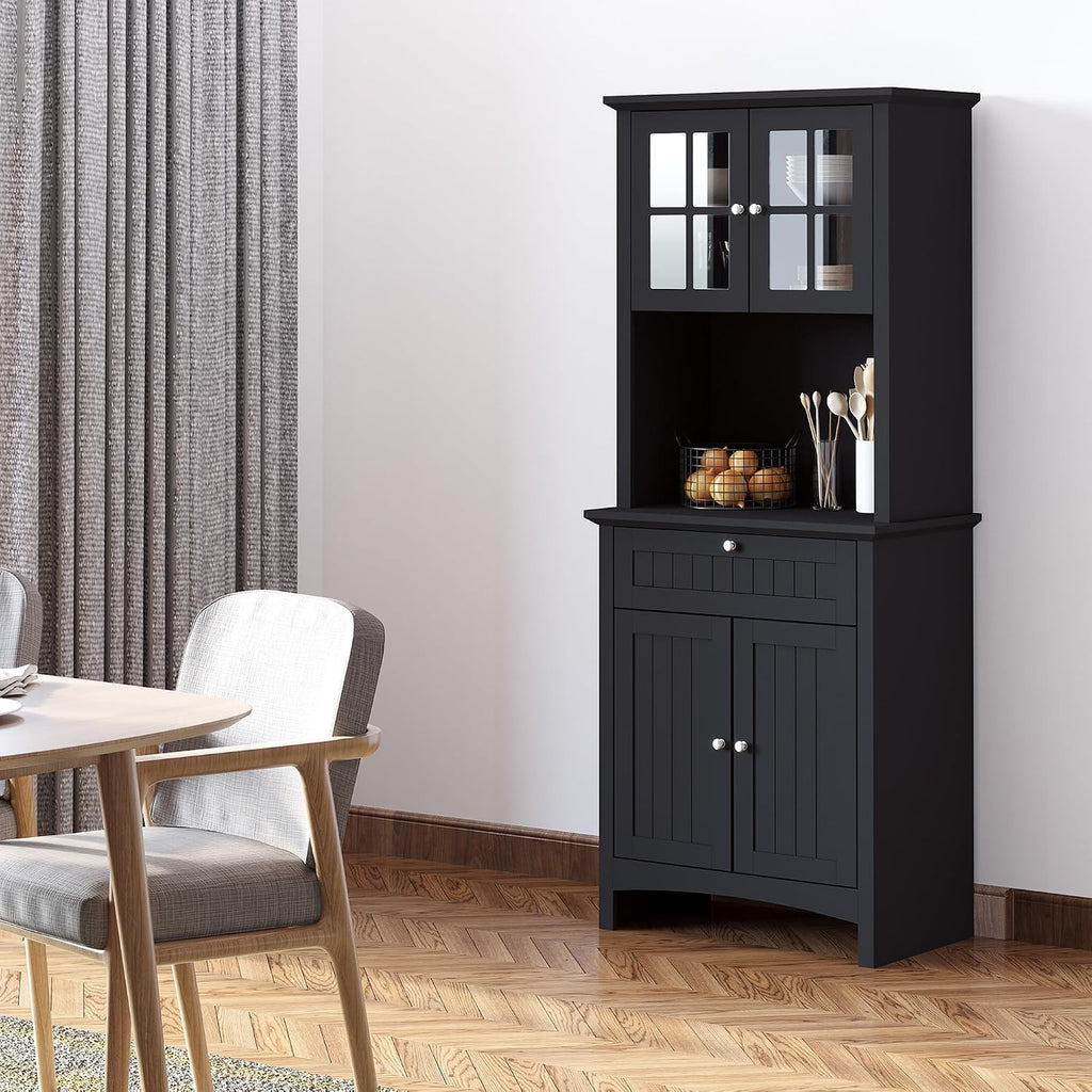 64.5" Kitchen Pantry Cabinet with Hutch,Buffet Sideboard for Coffee Maker & Toaster,Snacks,Spices & Wine Storage Organizer, Fits Kitchen,Dining Room & Coffee Bar,Black
