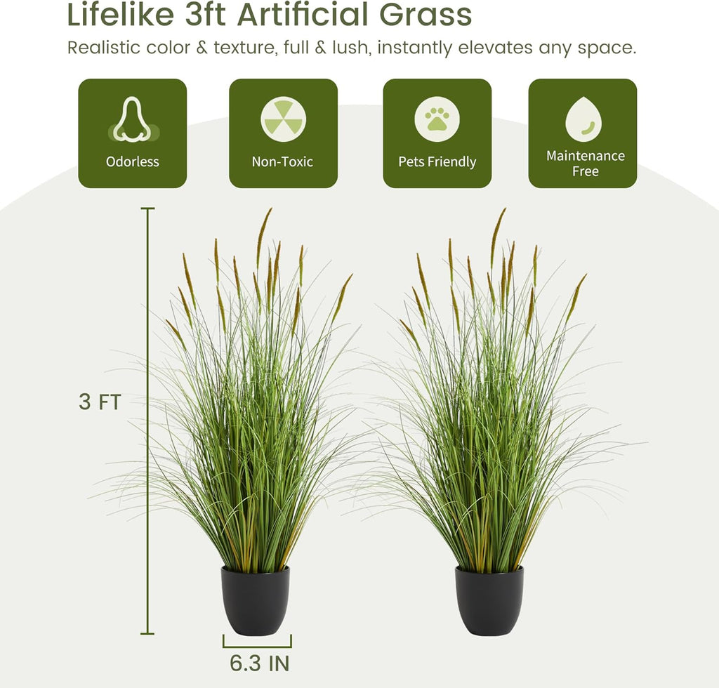 Worth Garden 3ft Artificial Cattail Grass 2 Pack, 35in Faux Reed Plants in Pot, Fake Onion Grass Floor Plants for Indoor Outdoor Home Office Patio Decor, Realistic Greenery Housewarming Gift