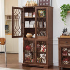 Joaxswe 67" Tall Pantry Cabinet Set of 2, Vintage Kitchen Pantries Cabinets with Glass Doors & Adjustable Shelves, Wood Cupboard with Large Storage for Dining Room, Bathroom, Brown
