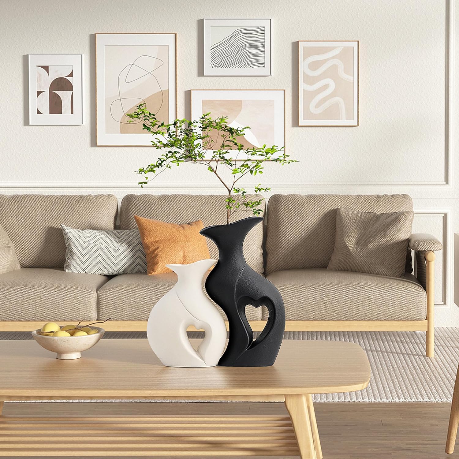 XL Black and White Vase Set of 2,Heart Shaped Ceramic Vases Home Decor,Minimalist Decorative Vases,Modern Home Decor for Wedding Dining Living Room Office Coffee Table Centerpiece