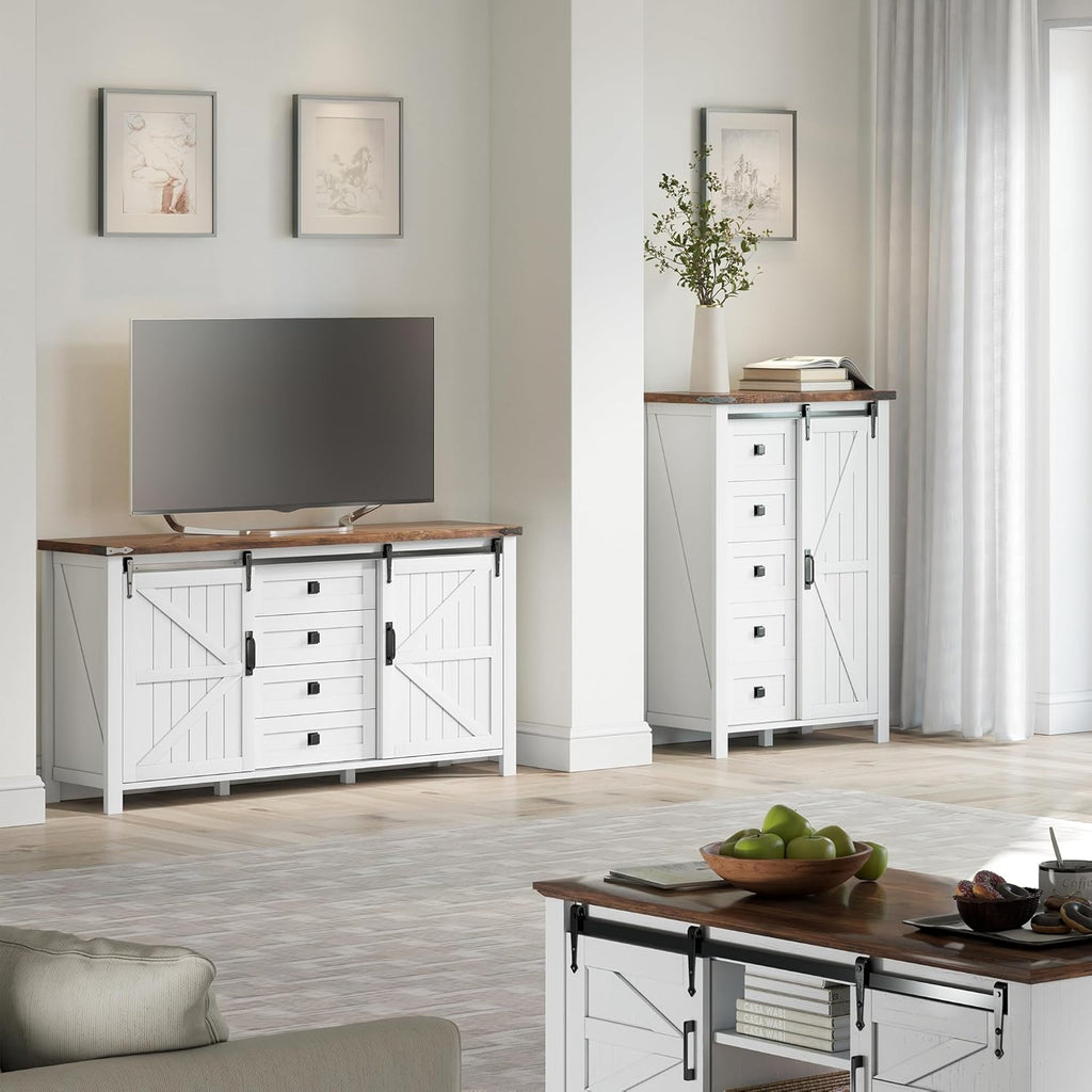 LUXOAK 60" Sideboard Buffet Cabinet with Storage Drawers for Kitchen, Dining Room, Rustic White