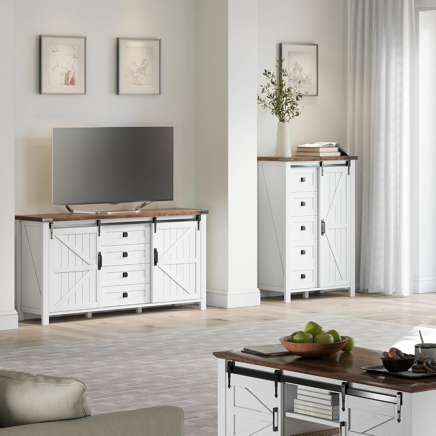 LUXOAK 60" Sideboard Buffet Cabinet with Storage Drawers for Kitchen, Dining Room, Rustic White